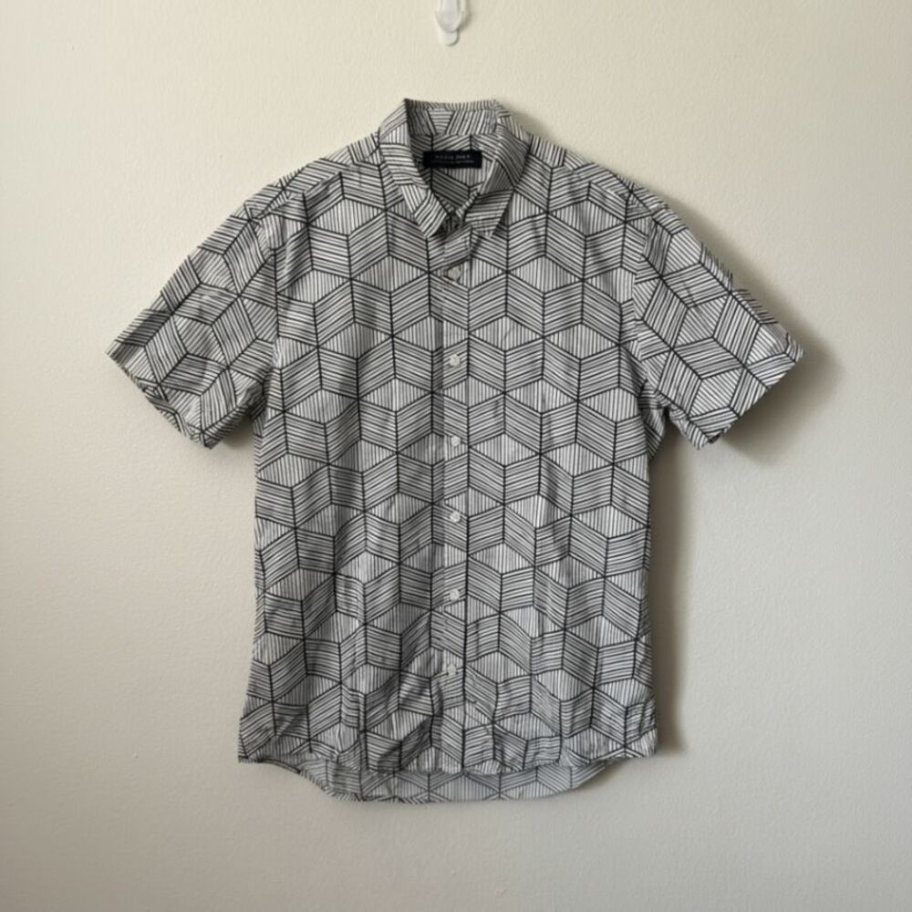 ZARA MAN Men L Short Sleeve Cotton Button Up Shirt Black Geometric